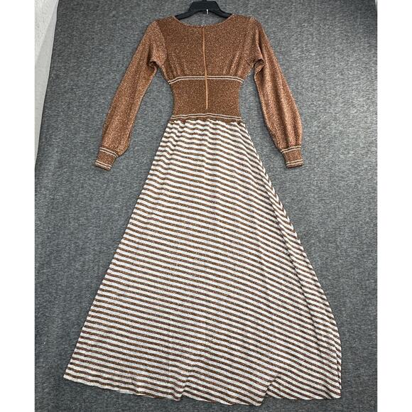 Vintage 1970s Wenjilli Metallic Copper and Silver Glitter Slinky Maxi Dress - Picture 2 of 6